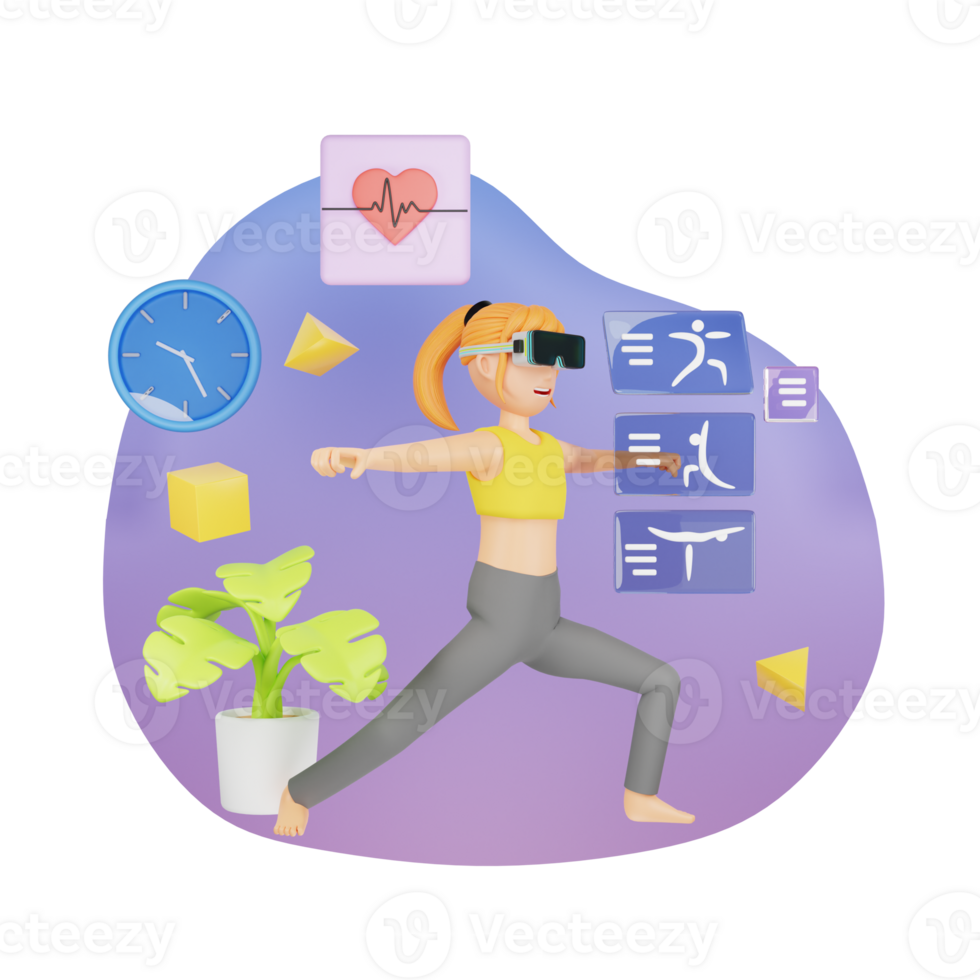 Energetic Woman in VR Glasses Doing Exercises and Yoga - Dynamic 3D Character Illustration in a Virtual Reality Fitness Experience png