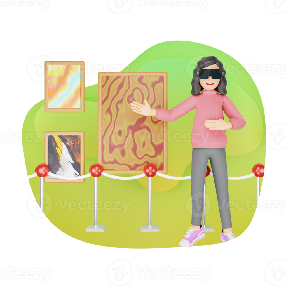 tecnología y digital Arte concepto - 3d dibujos animados personaje de un mujer explorador nft Arte galería con vr lentes png