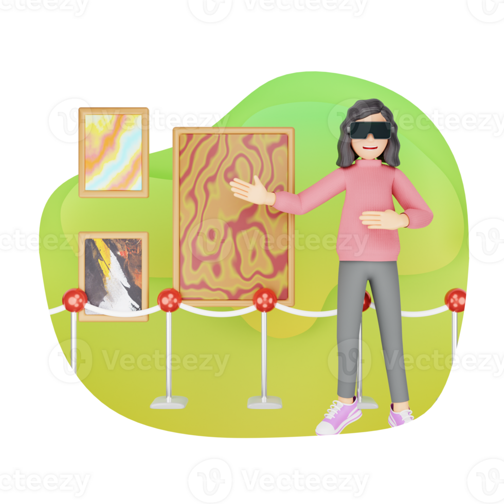 Technology and Digital Art Concept - 3D Cartoon Character of a Woman Exploring NFT Art Gallery with VR Glasses png