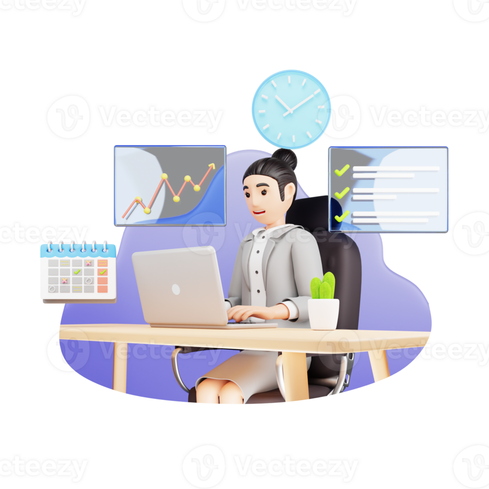 Productive Office Environment - Woman in VR Glasses Sitting at Office - 3D Character Illustration in a Virtual Reality Workspace png