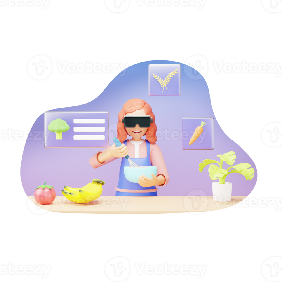 Technology and Cooking Concept - 3D Cartoon Character of a Woman Using VR Glasses to Cook in a Digital Metaverse png