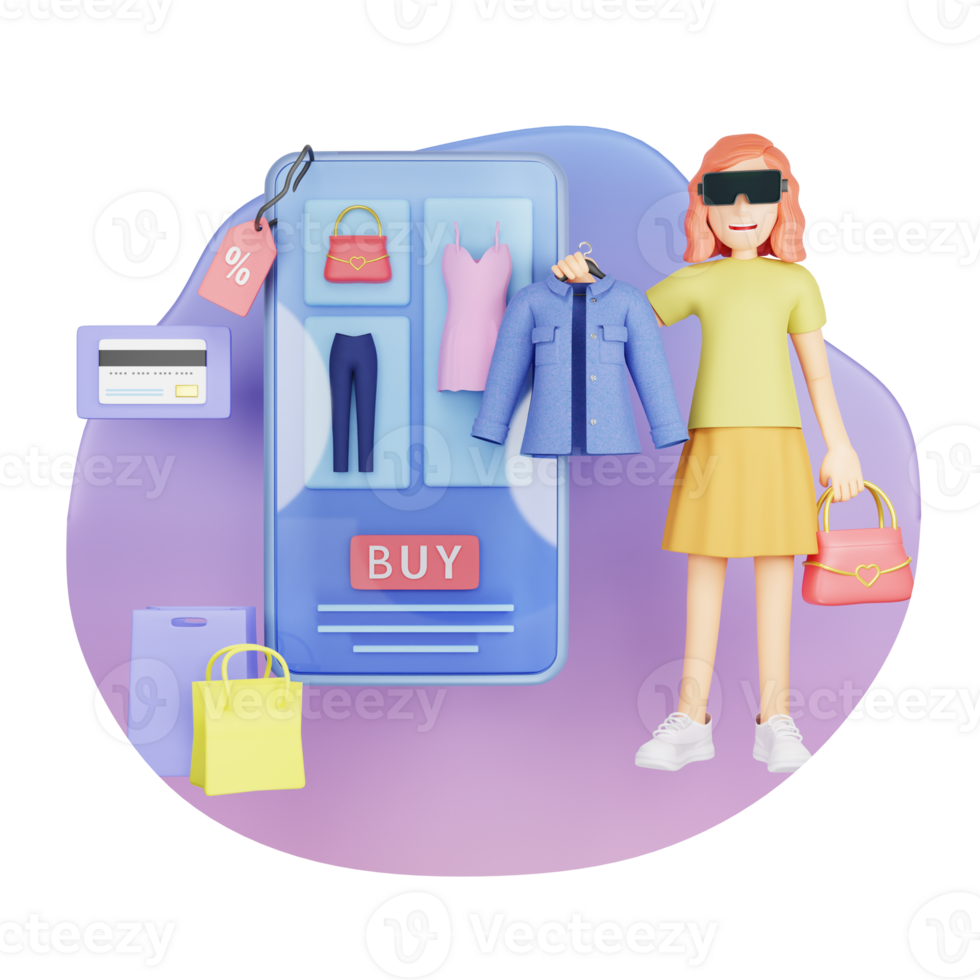 Technology and E-commerce Concept - 3D Cartoon Character of a Woman Using VR Glasses to Select Goods in a Web Application png