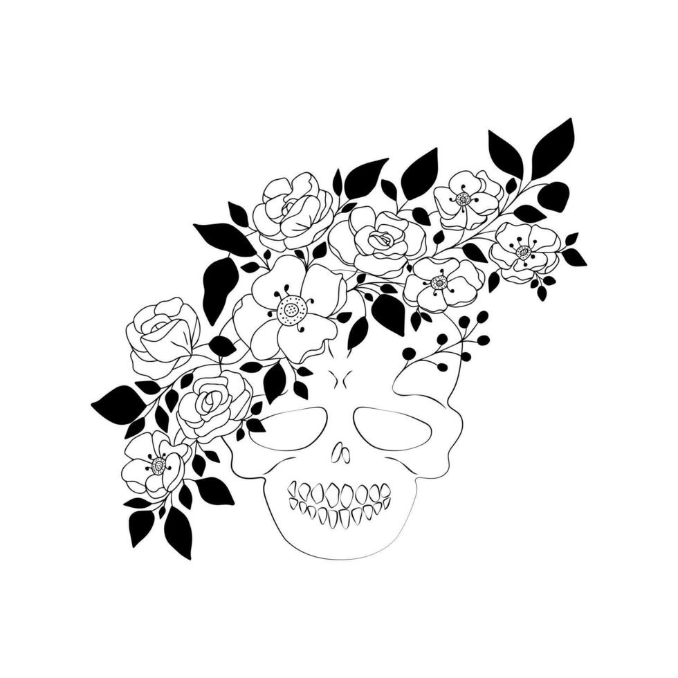 mano dibujado dibujos animados cráneo con guirnalda de garabatear Rosa y anémona flores con hojas en tallos. la catrina diseño para día de el muerto, azúcar cráneo, dia Delaware los muertos. aislado en blanco antecedentes vector