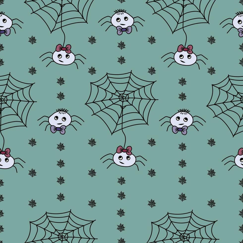 Colorful seamless pattern with hand drawn doodle Halloween characters and objects - cartoon cute little spider girl and boy with bows and spider web vector