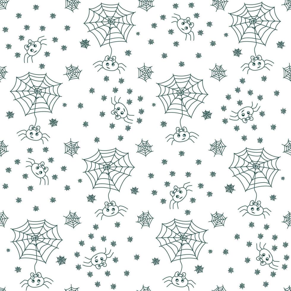 Seamless pattern with hand drawn doodle Halloween character and objects - cartoon cute little spider girl with bow on head and spider web vector