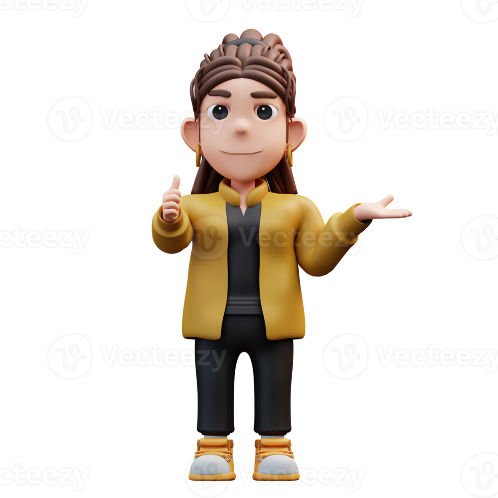 3d illustration of stylist girl standing with a thumbs up gesture and pointing to the side png