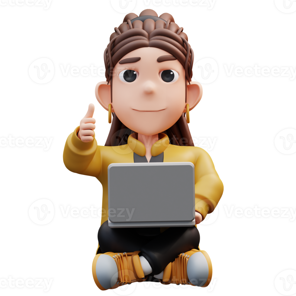 3d Illustration of stylist girl sitting holding laptop and thumbs up png