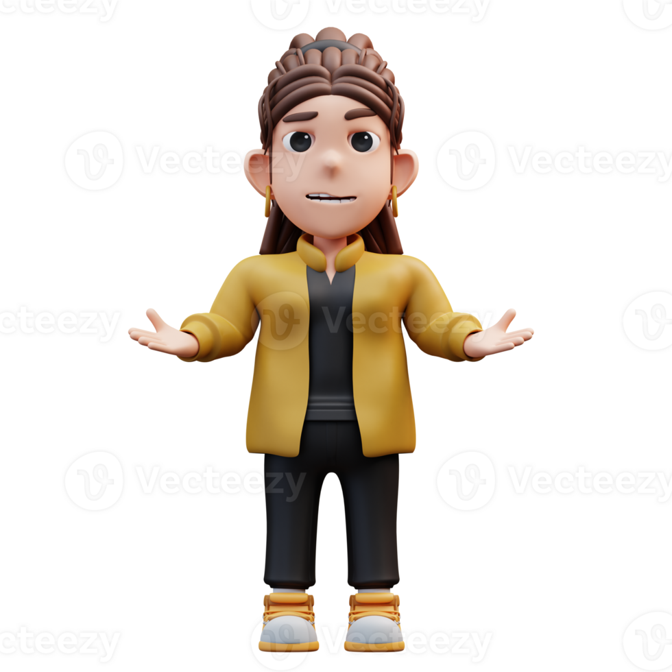 3d Illustration of stylist girl standing with confused gesture png