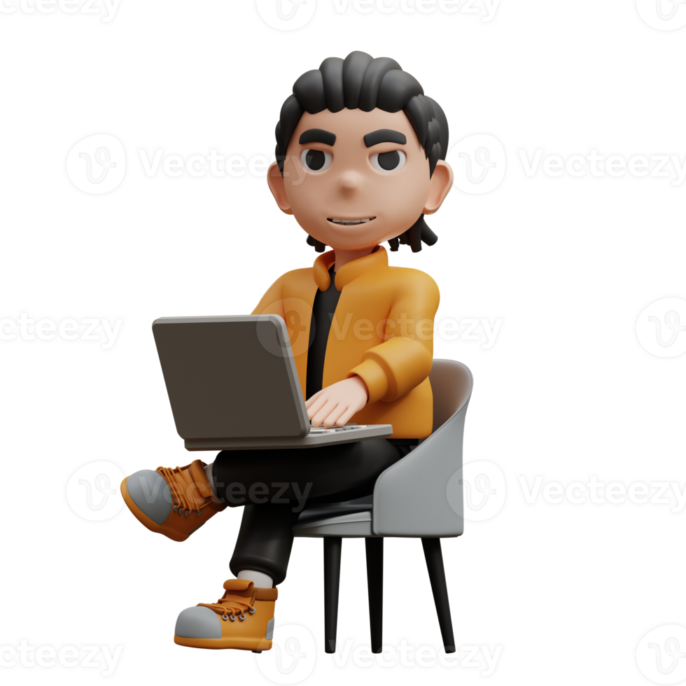 3d illustration boy sitting by typing on laptop png