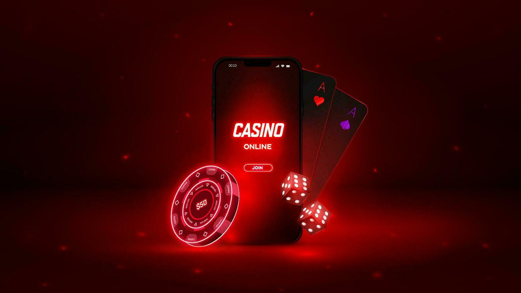 Casino online, red banner. Glowing poker chips and playing cards. Online Casino Mobile Application, advertising banner. Vector illustration