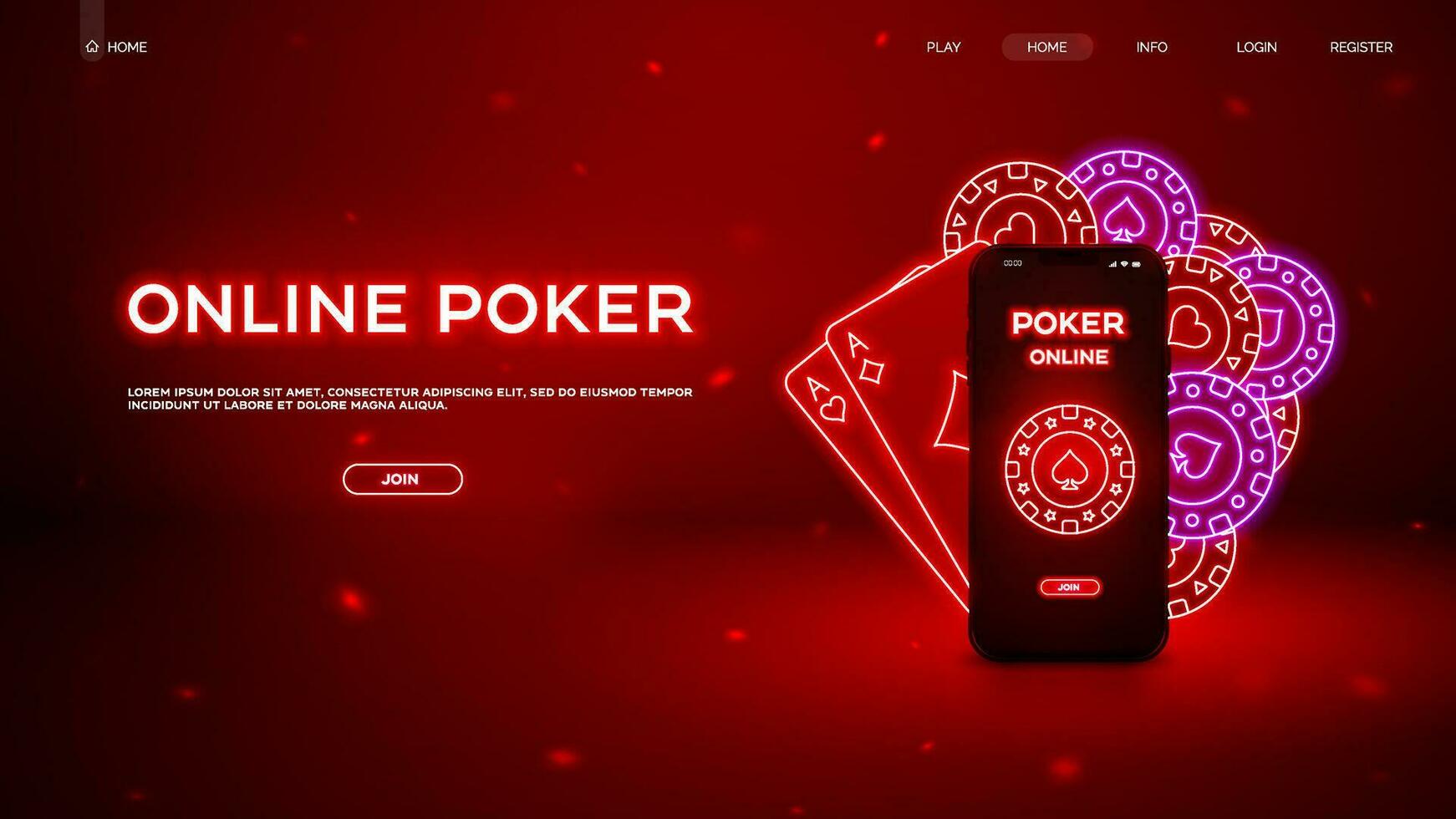 Web banner Online Poker. Poker Casino with neon chips and playing cards. Vector illustration