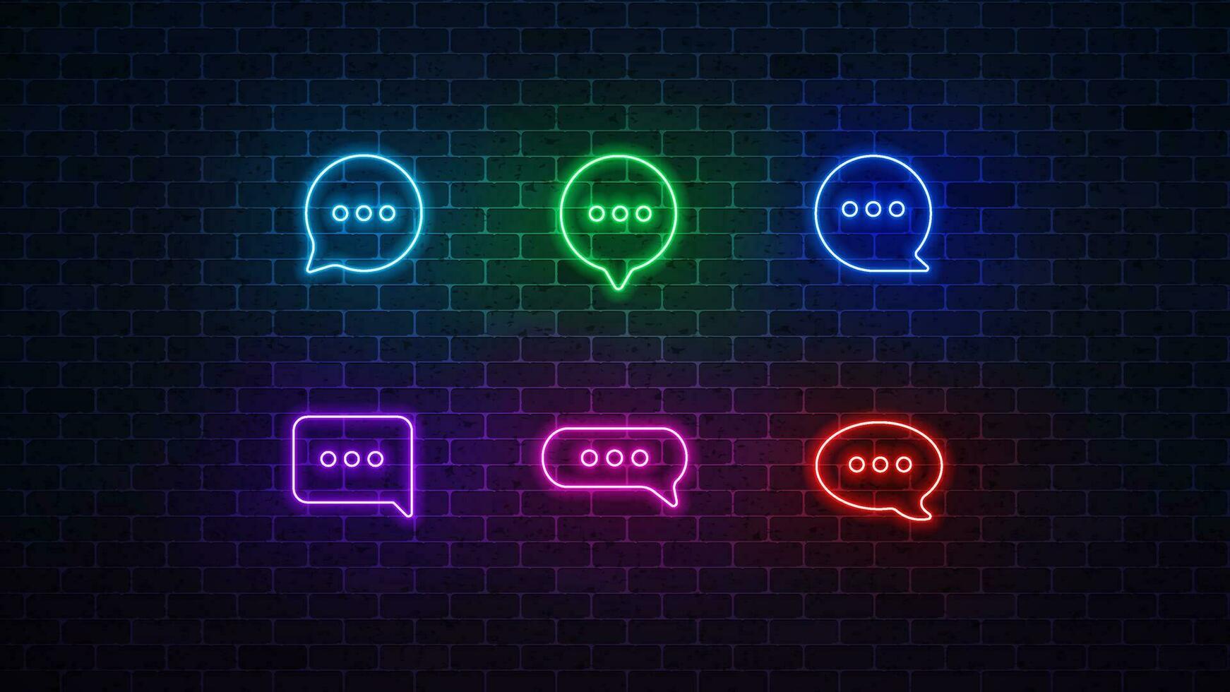 Chat neon icon set. Glowing speech bubble sign. Vector illustration