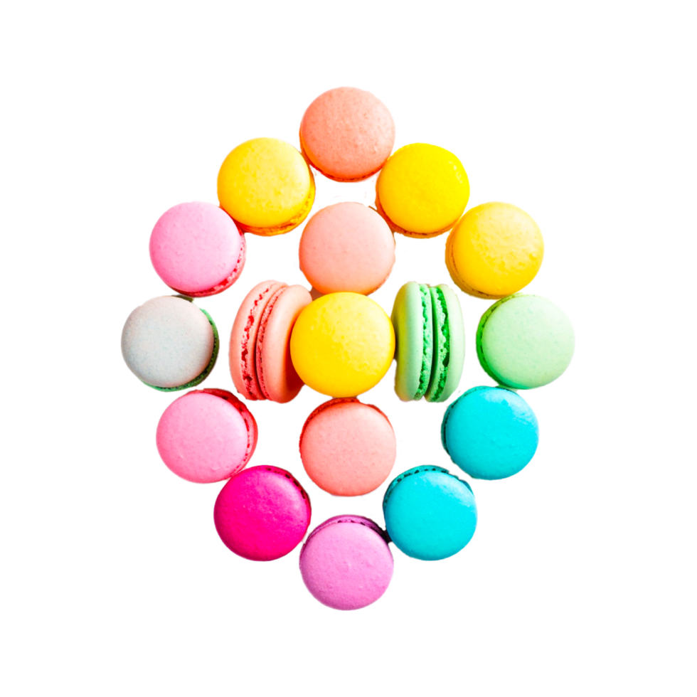 Macaroons 3d render colorful macaroons levitating in the air delicious cookies png