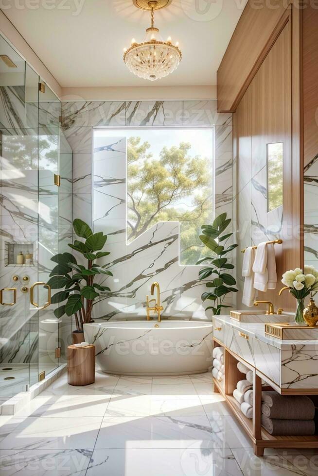 Luxury bathroom interior with bathtub AI generative photo