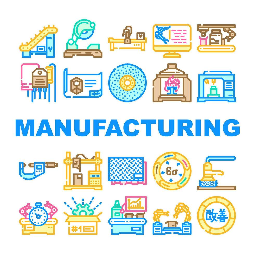manufacturing factory production icons set vector