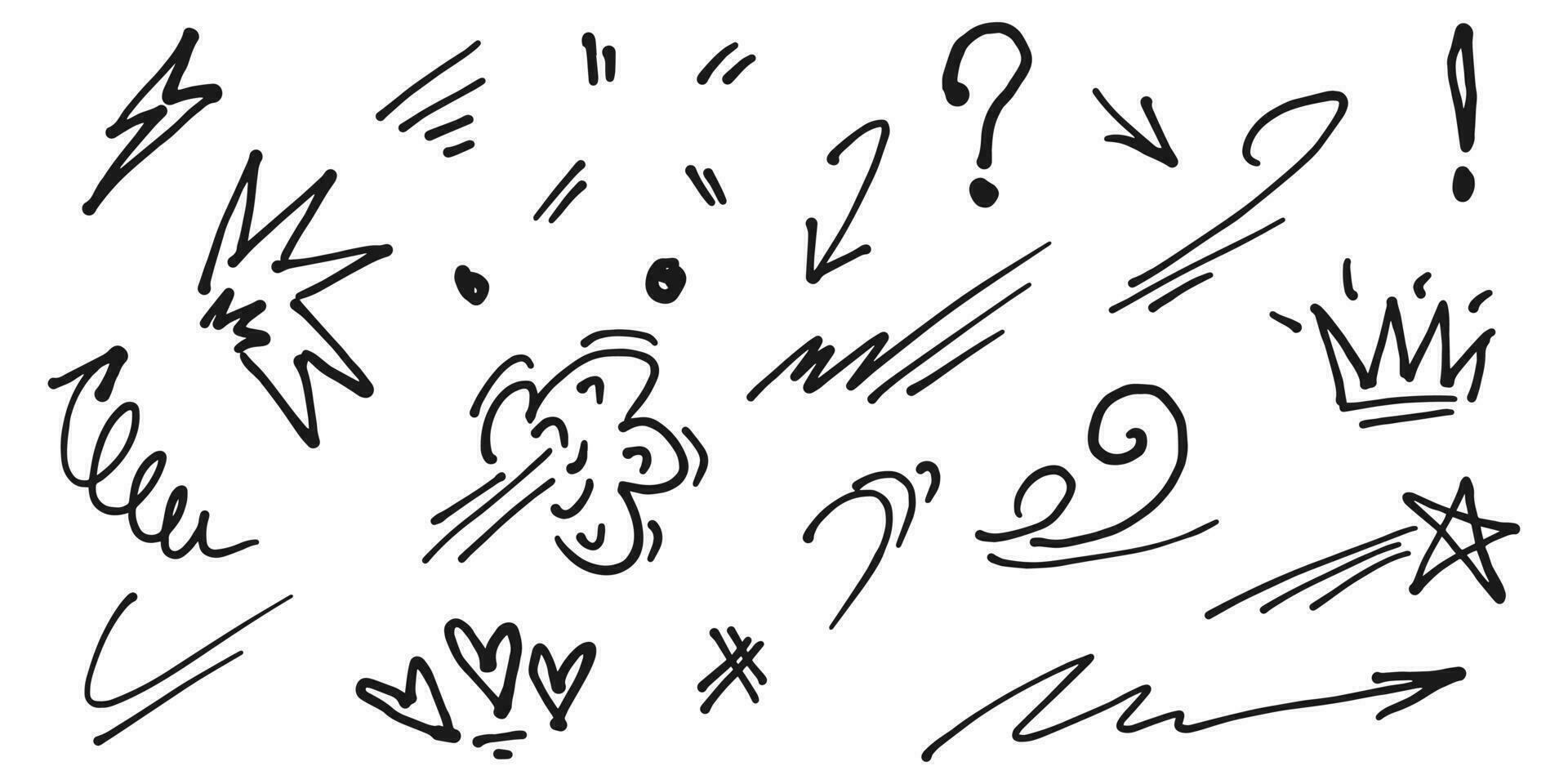Doodle collection cartoon expression effects. Hand drawn infographic emphasis elements. Arrows, heart, wind, crowns, stars and scribble. vector illustration