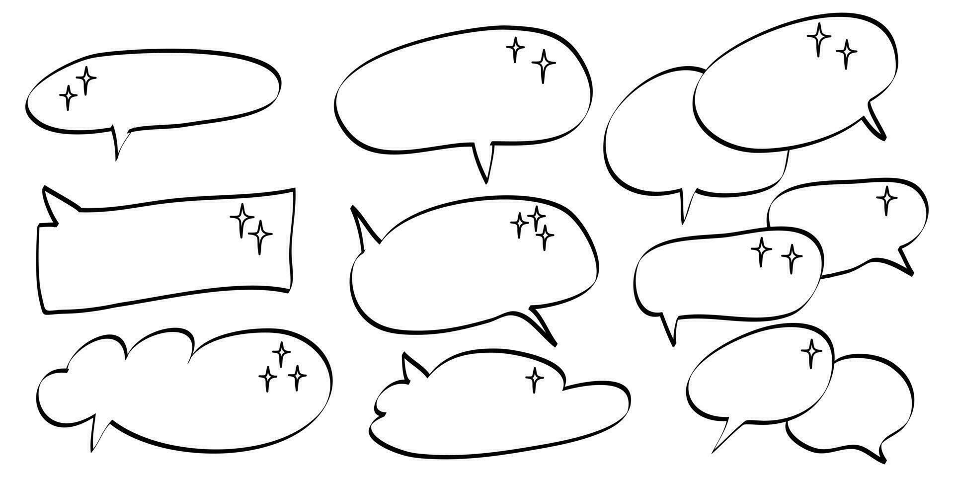 Doodle speech bubbles with sparkle on set. hand drawn style. isolated on white background. vector illustration