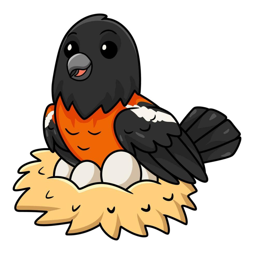Cute venezuelan troupial bird cartoon with eggs in the nest vector