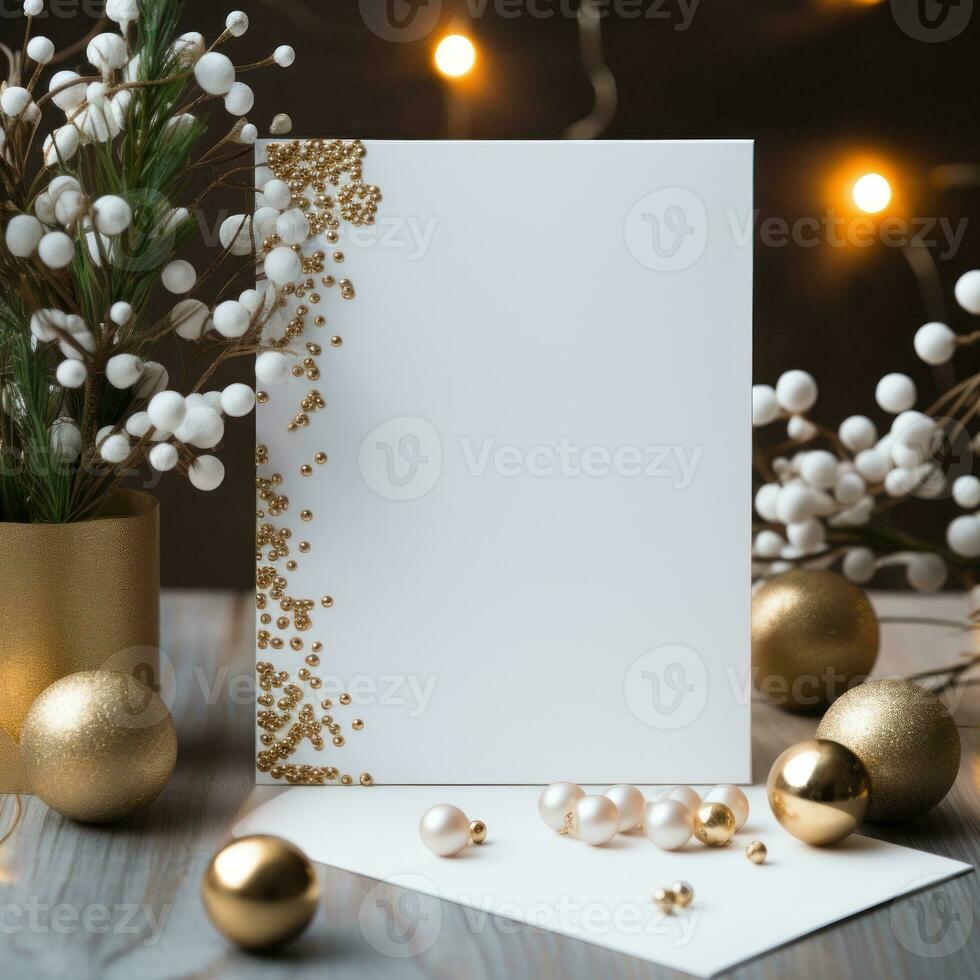 Blank white greeting card mockup, beautiful background decorated for christmas photo