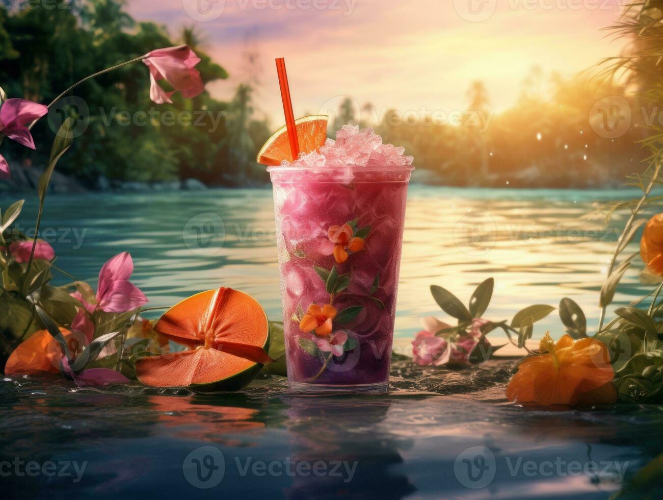 Berries smoothie on tropical background photo