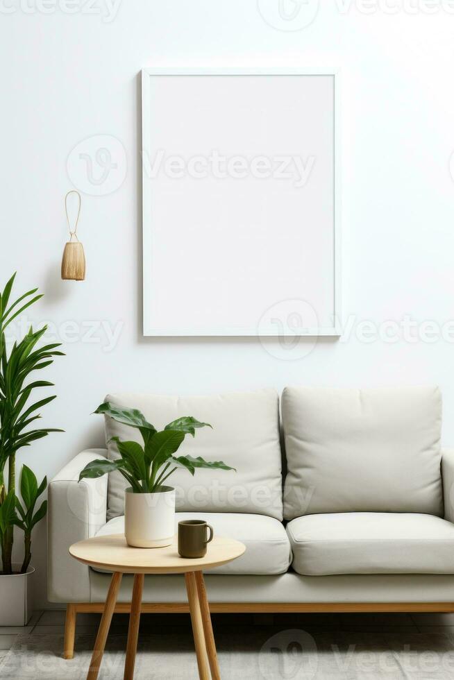 Blank picture frame mockup on white wall Modern minimalist living room photo