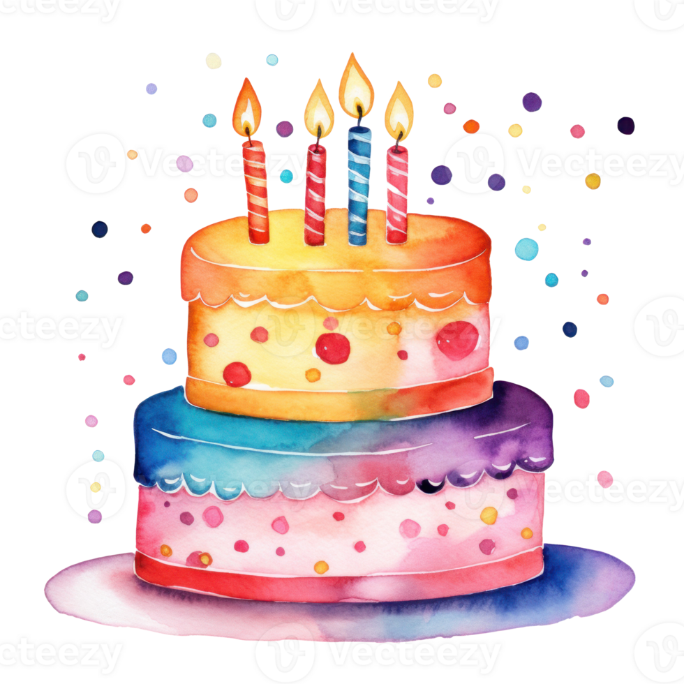 Watercolor vibrant birthday cake isolated png