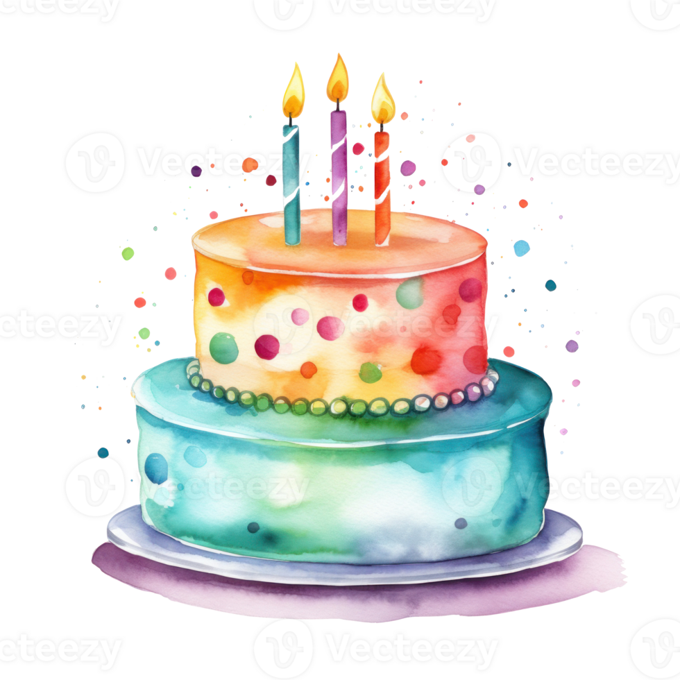 Watercolor vibrant birthday cake isolated png