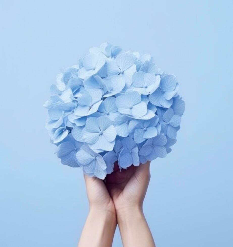 Hand holding a blue hydrangea flower photo