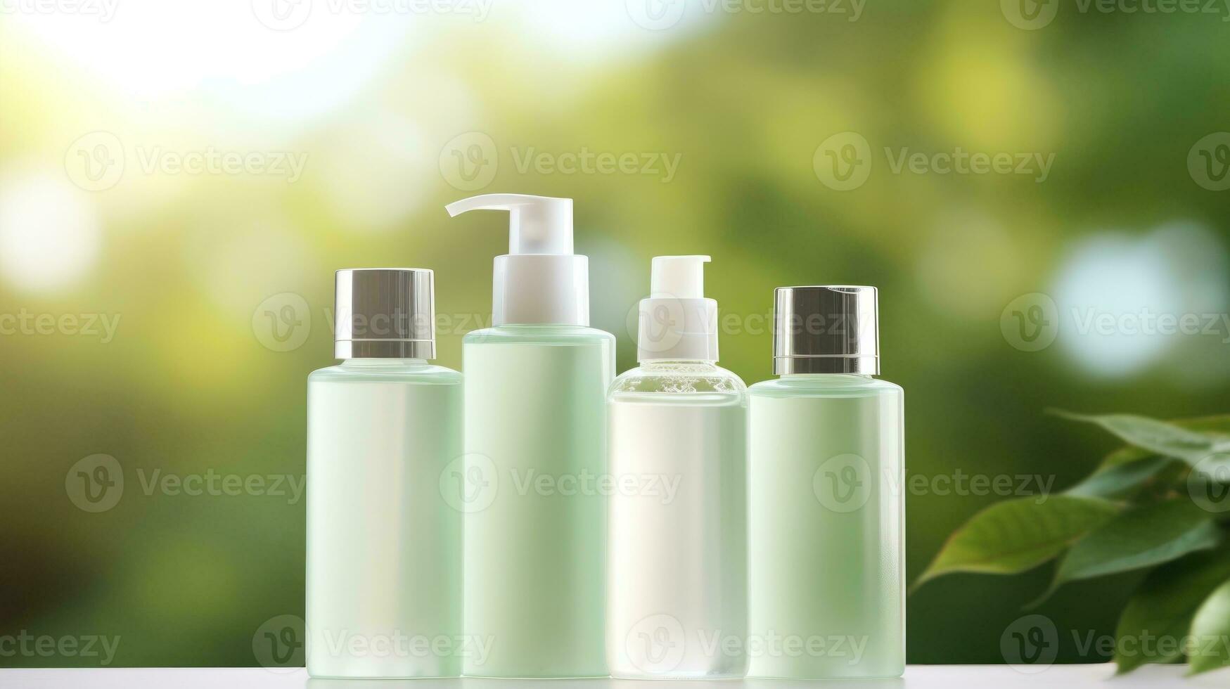 Cosmetic bottles template on green bokeh background photo