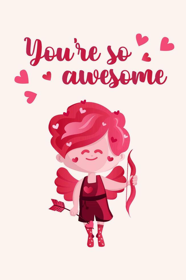 Vertical Greeting card for Valentine s Day with a cupid. Vector, cartoon style. can be used to create heartfelt and romantic greetings to express love and affection on the special occasion. vector