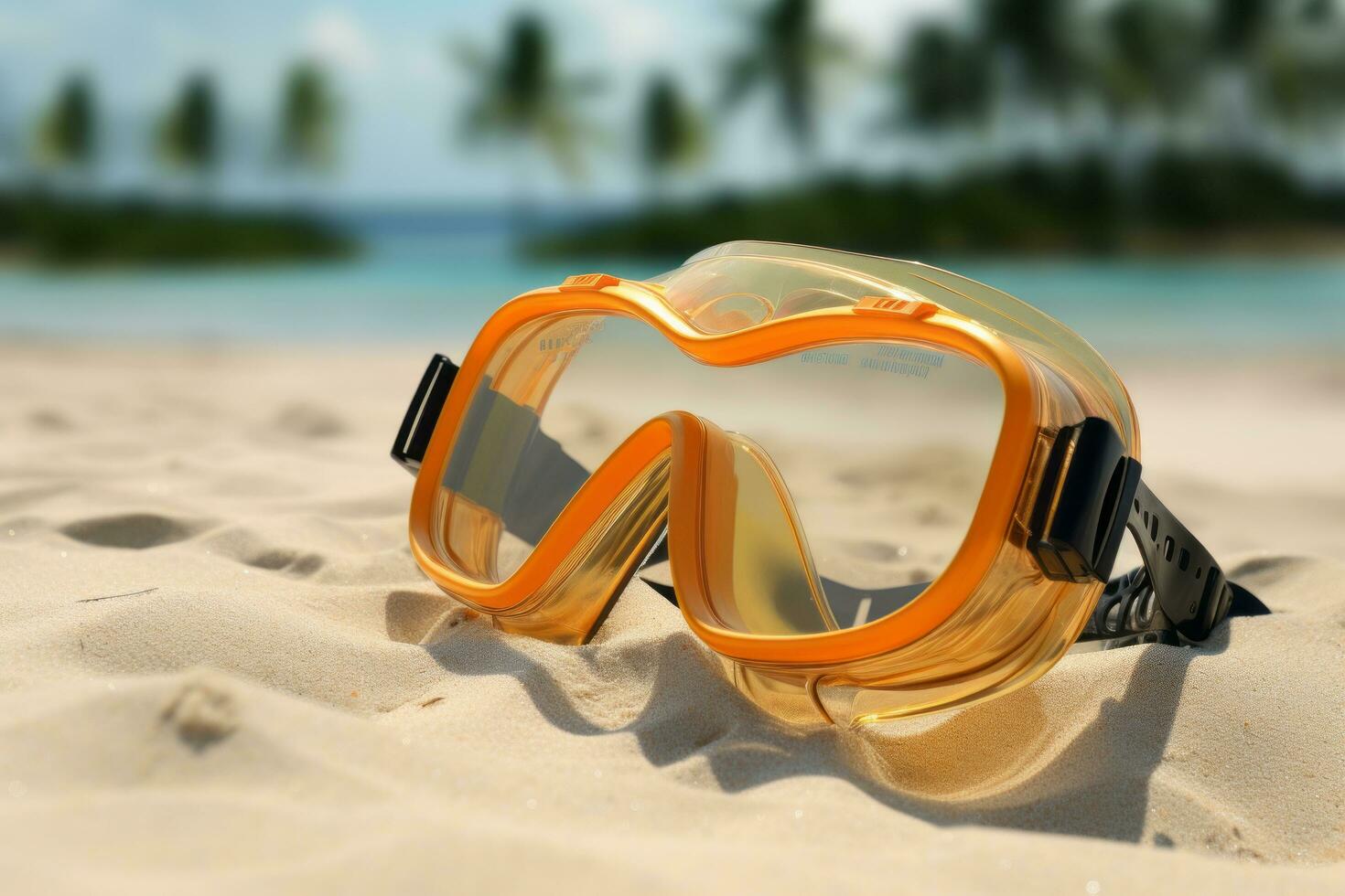 Scuba diving mask on a sandy island against blue ocean photo