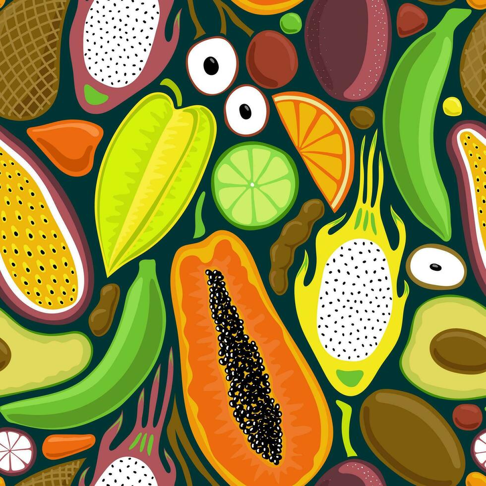 EMERALD GREEN VECTOR SEAMLESS BACKGROUND WITH BRIGHT MULTICOLORED TROPICAL FRUITS IN POP ART STYLE