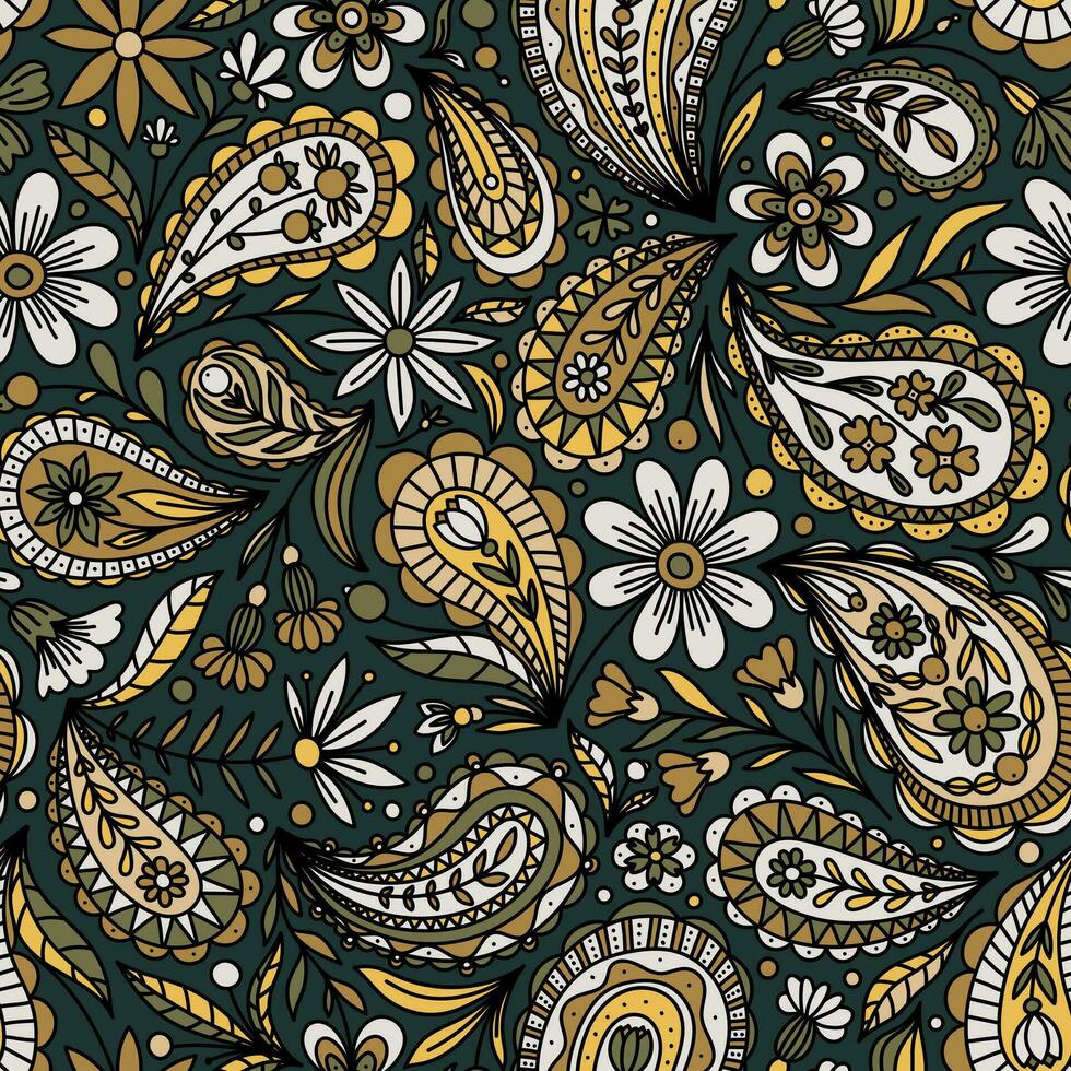 DARK EMERALD VECTOR SEAMLESS BACKGROUND WITH MULTICOLORED FLORAL PAISLEY ORNAMENT