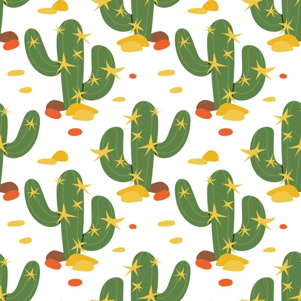 Seamless pattern of colored cactus in the desert. Cacti repeat the background print. Wild West motifs, endless texture with cacti, mountains. Vector illustration in retro minimalism style