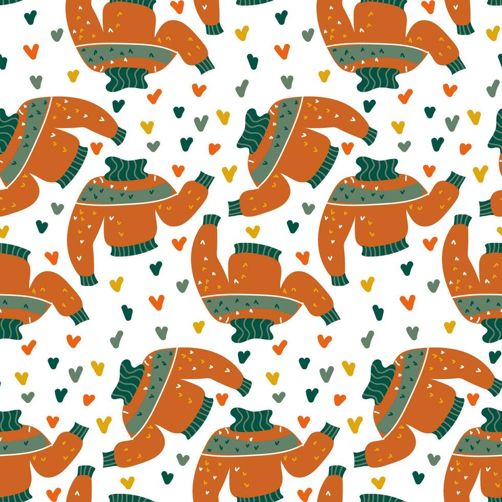 Seamless autumn pattern with autumn sweater. Fabric print on a white background. Printing on textiles and paper autumn style with hearts vector
