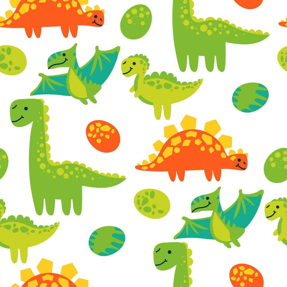 Vector seamless color repeating pattern with dinosaurs and their eggs in a bright cartoon style. Green and orange. Children's seamless pattern with hand-drawn dinosaurs. Vector illustration