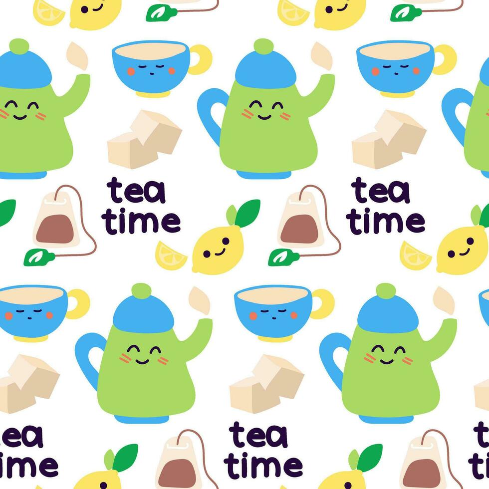 Drawing with the inscription tea time in a coffee shop. Mug, kettle with water, tea bag, lemon, sugar cubes with cute cartoon-style faces. Seamless ornament vector