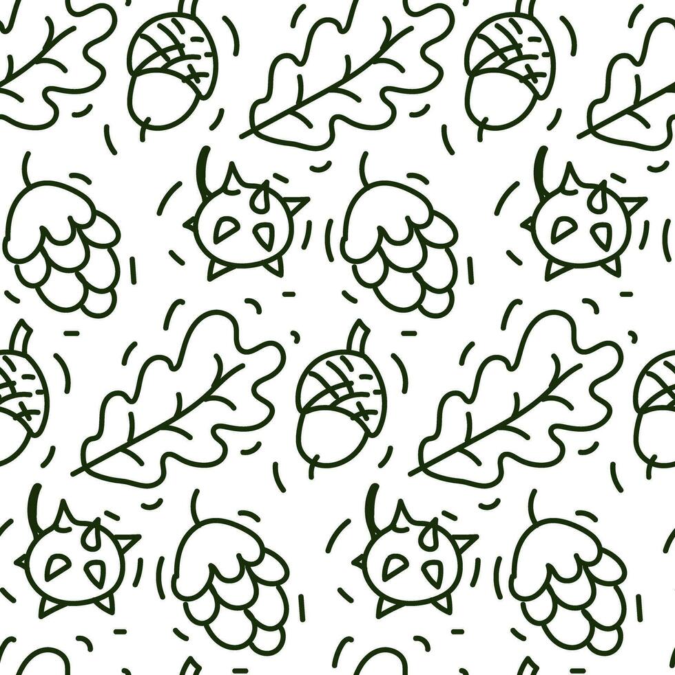 Seamless pattern with forest elements. This is a background design for gift wrapping or parcel. A hand-drawn vector illustration consists of cones, acorns, chestnuts and leaves. Autumn background