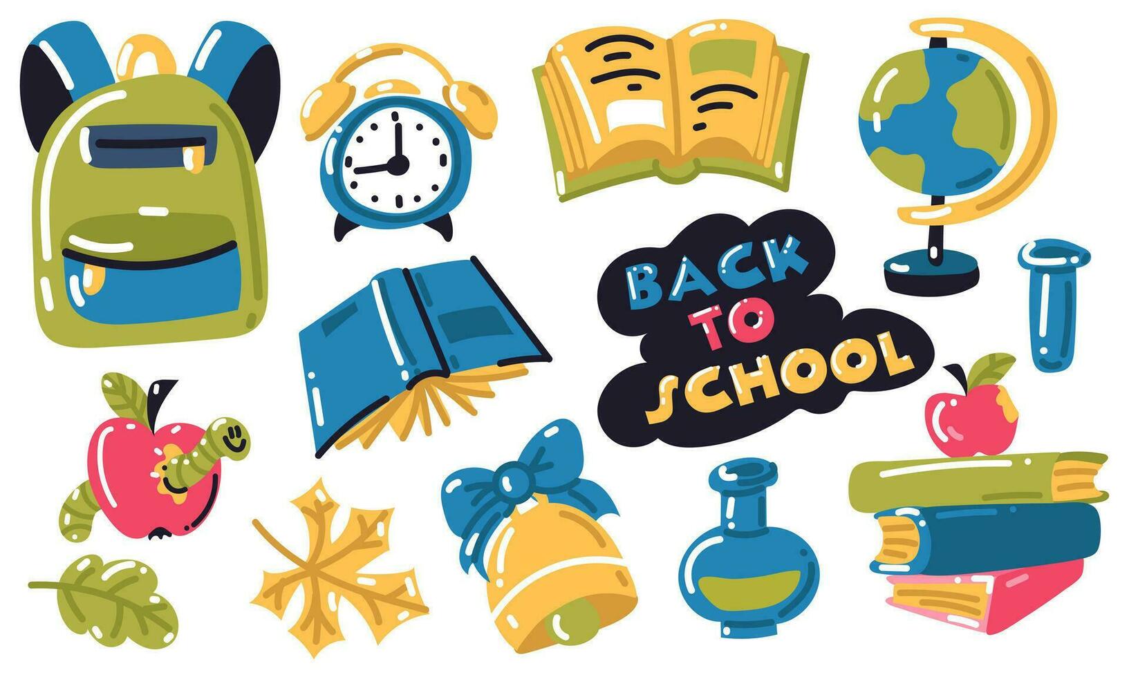 A set of elements related to school lessons. Books, globe, diary, backpack, alarm clock, bell, test tubes, Apple, worm, autumn foliage. Set for lessons topic back to school vector