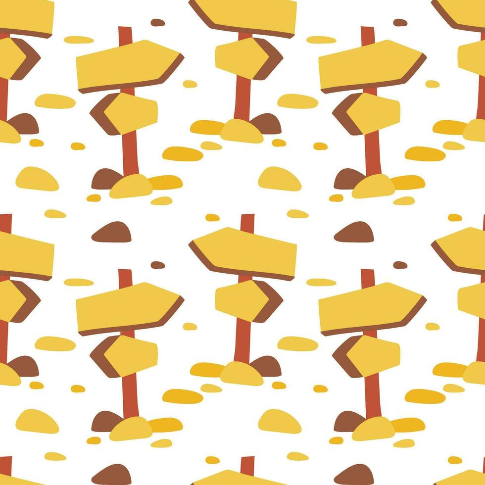 A pattern of pillars showing the direction in the desert, rocks and sand, vector graphics. Seamless background for printing on textiles and paper in yellow shades
