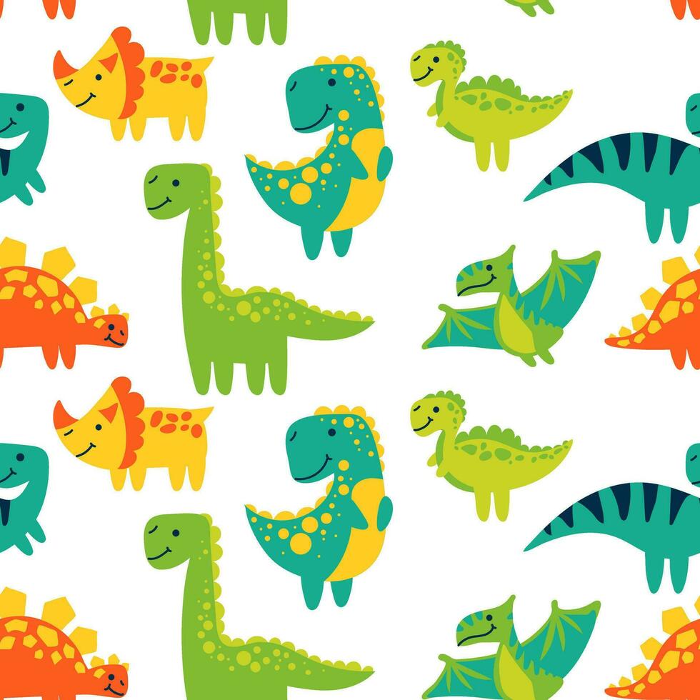 Vector seamless color repeating pattern with dinosaurs in a bright cartoon style. Children's seamless pattern with hand-drawn dinosaurs. Vector illustration of dinosaurs