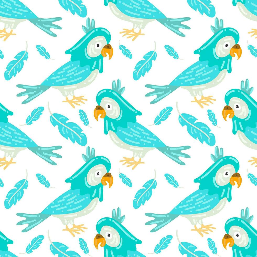 Cartoon Macaw parrot is a seamless colorful vector pattern. Pastel background, tropical, blue parrot with feathers on a white background. Printing on textiles and paper