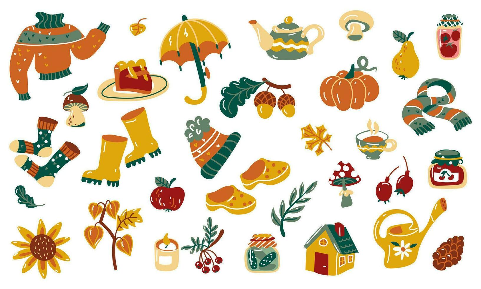 A set of autumn elements. Vector illustration of pumpkin, umbrella, pie, mushrooms, rubber boots, berries, fruits, autumn leaves and much more. A set of stickers on the autumn theme