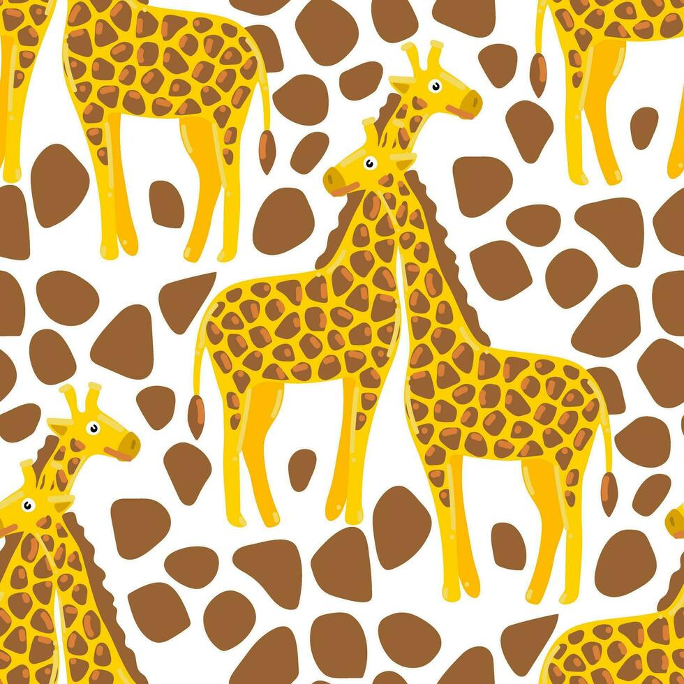 A pattern with adult yellow giraffes and their pattern on the skin. Cartoon drawing, minimalism. Vector illustration. Seamless on a white background.