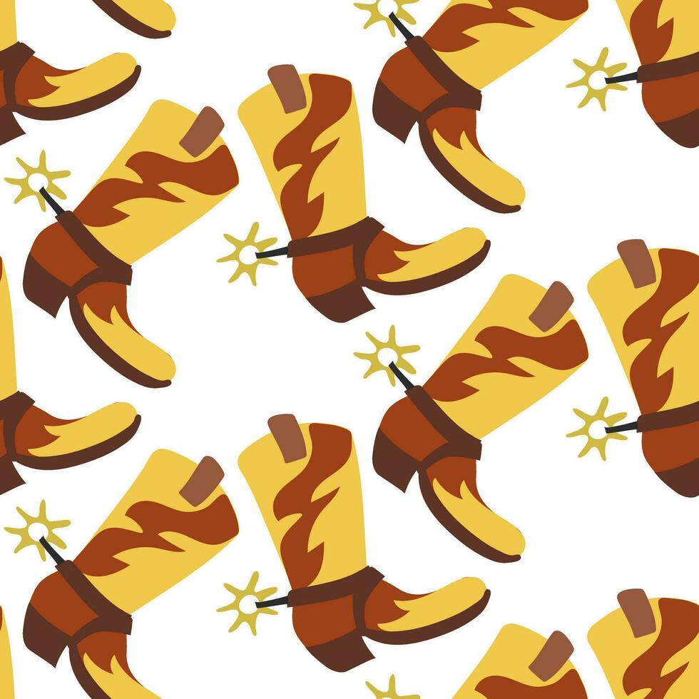 Cowboy seamless pattern with Western decorative elements. Cowboy leather boot on a white background. Vector children's style orange color background