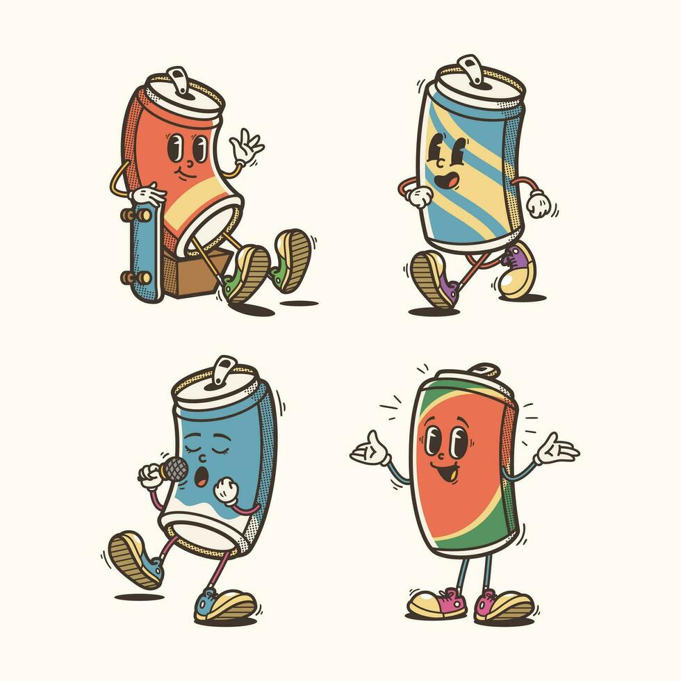 conjunto de tradicional soda lata dibujos animados ilustración con variado poses y expresiones vector