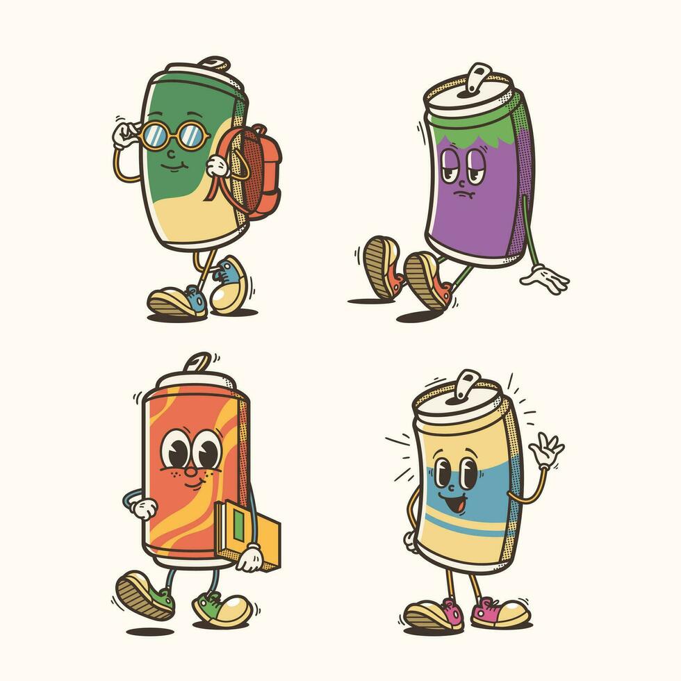 conjunto de tradicional soda lata dibujos animados ilustración con variado poses y expresiones vector