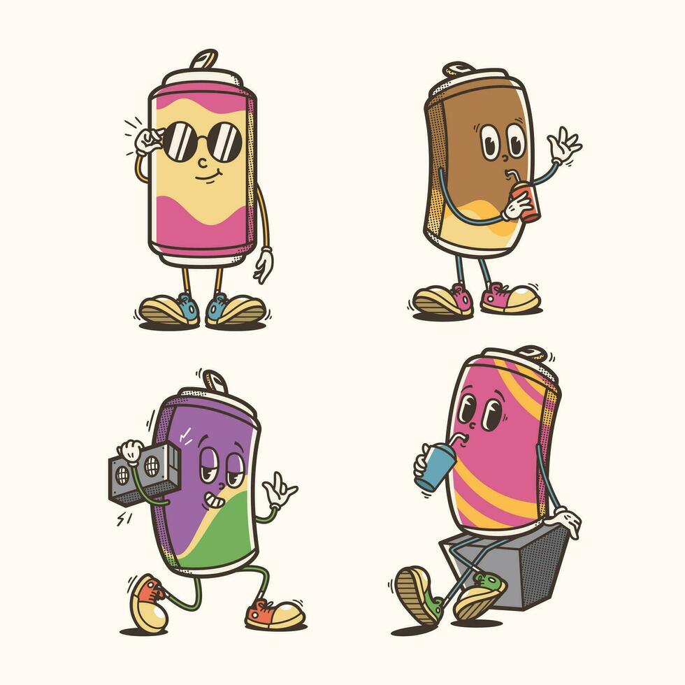 conjunto de tradicional soda lata dibujos animados ilustración con variado poses y expresiones vector