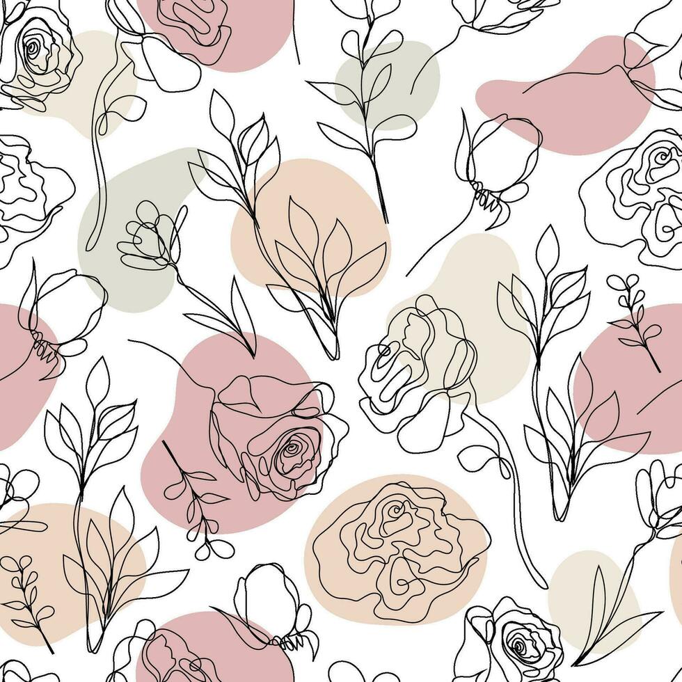 Vector seamless hand drawn pattern, single continuous line flowers with pastel color spots. Art floral elements. Use for beauty design elements, nature backgrounds, textile, package