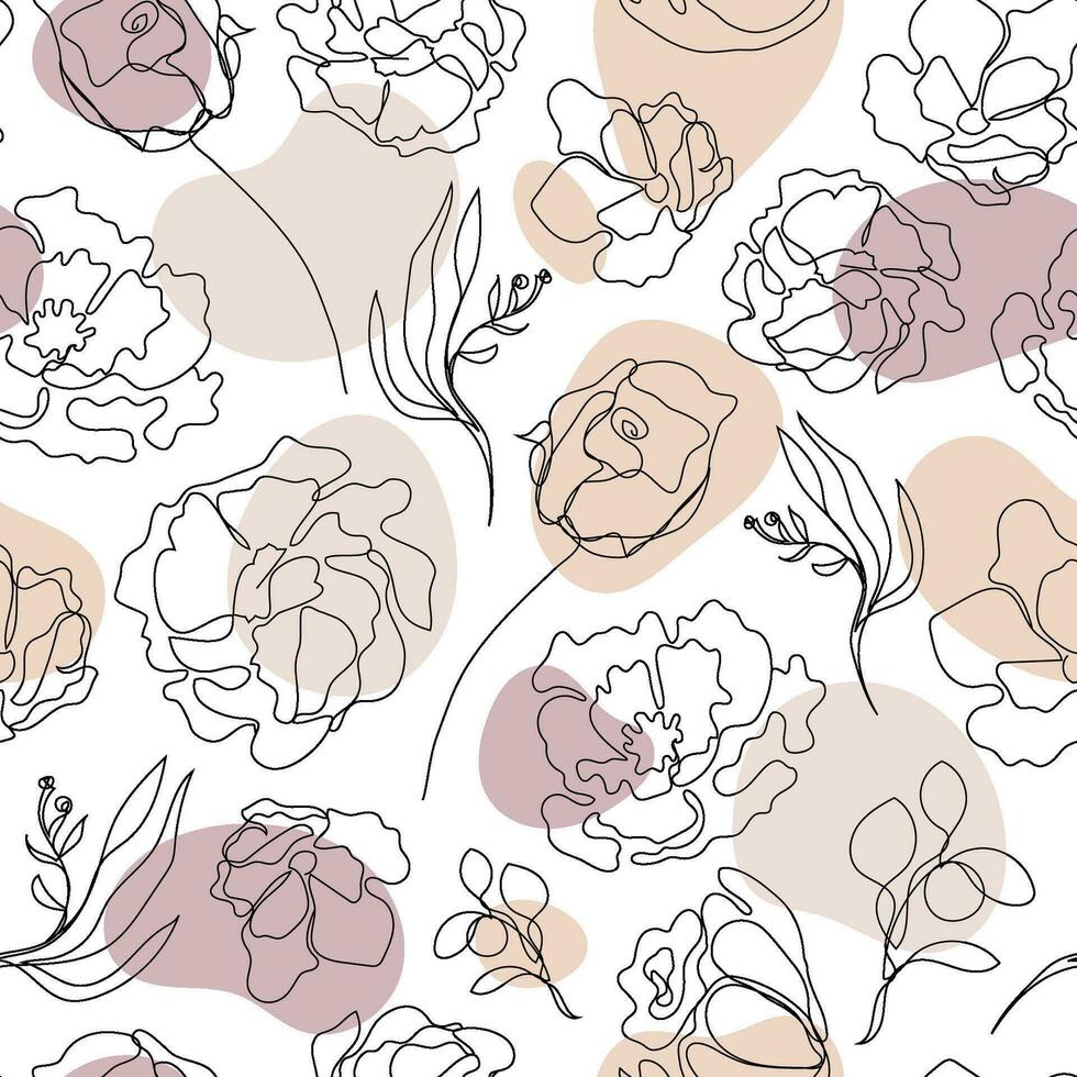 Vector seamless hand drawn pattern, single continuous line flowers with pastel color spots. Art floral elements. Use for beauty design elements, nature backgrounds, textile, package